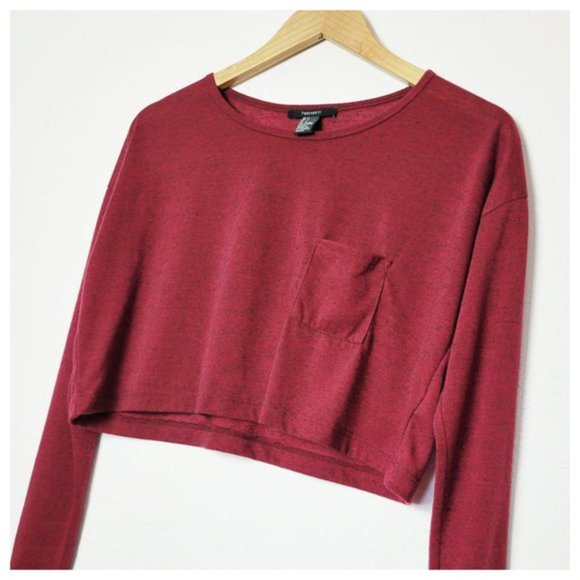 Forever 21 Heathered Maroon Long Sleeve Boxy Cropped T Shirt w Breast Pocket - Picture 3 of 15